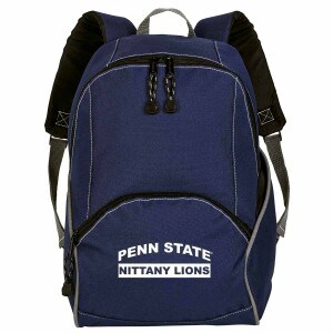 navy backpack with white arched Penn State over Nittany Lions